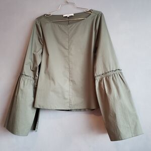 TIBI SAGE GREEN BELL SLEEVE CROP COTTON BLOUSE, SIZE, US 6, 8